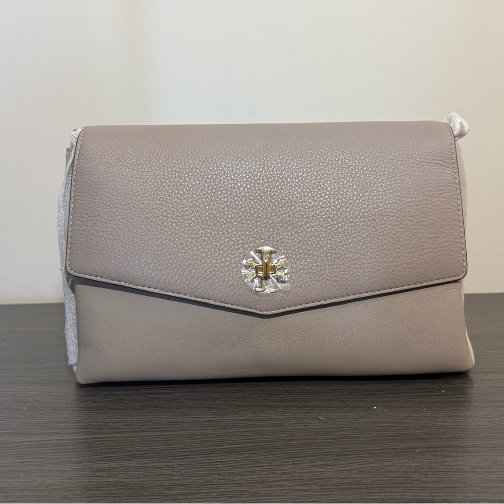 TORY BURCH KIRA MIXED-MATERIALS SHOULDER BAG GRAY HERON COLOR